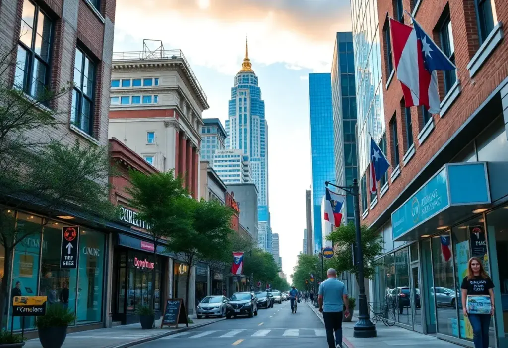 A busy Austin street featuring community banks and small businesses