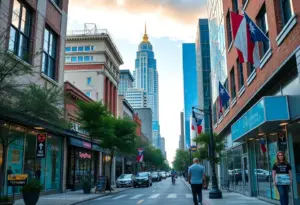 A busy Austin street featuring community banks and small businesses
