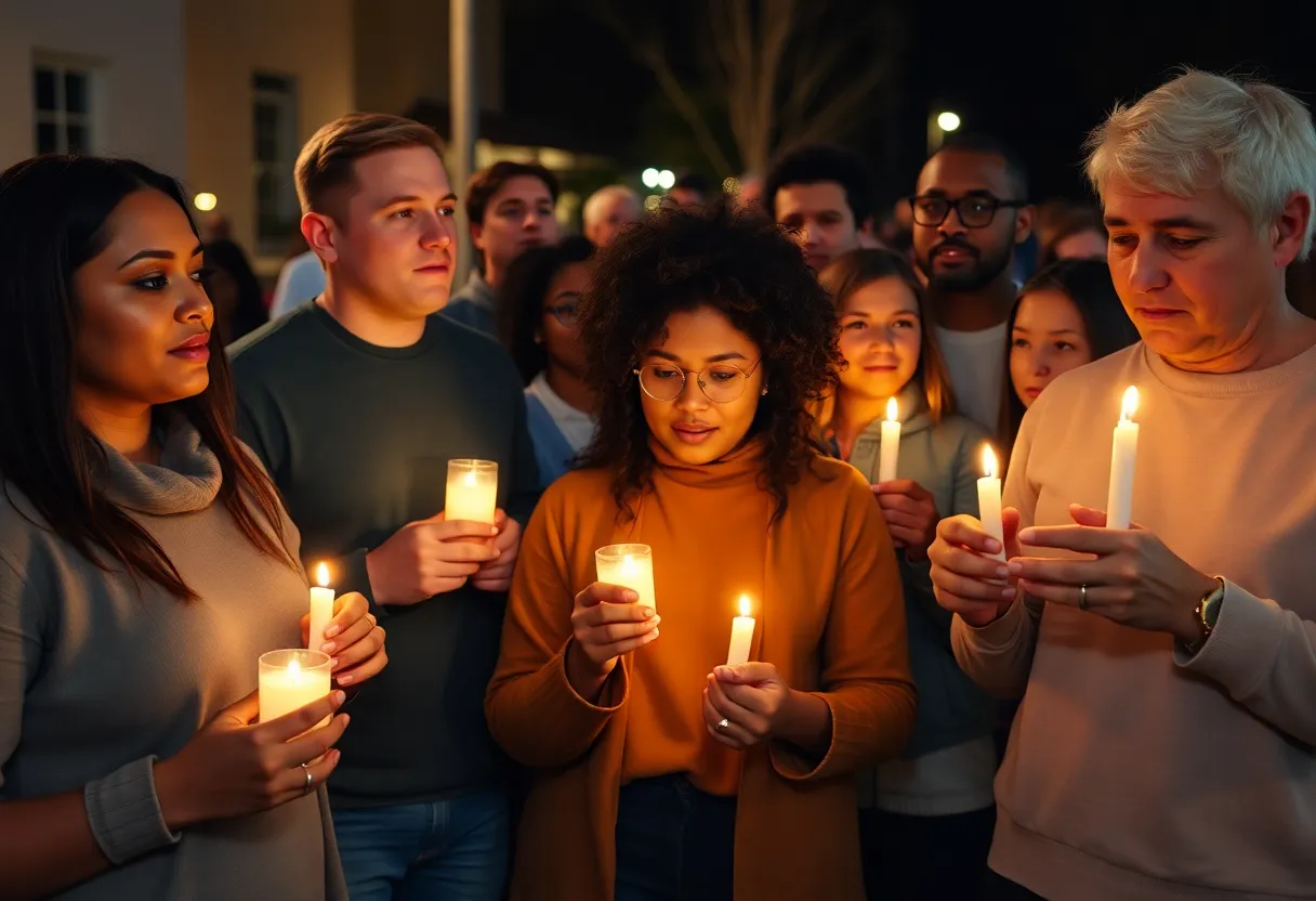 People gathered holding candles in Frisco, Texas