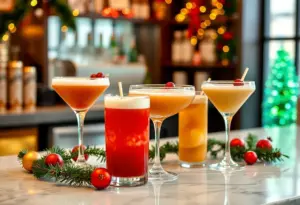 A festive arrangement of coquito cocktails on a bar.