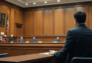 A courtroom during a sentencing for a child sexual abuse case