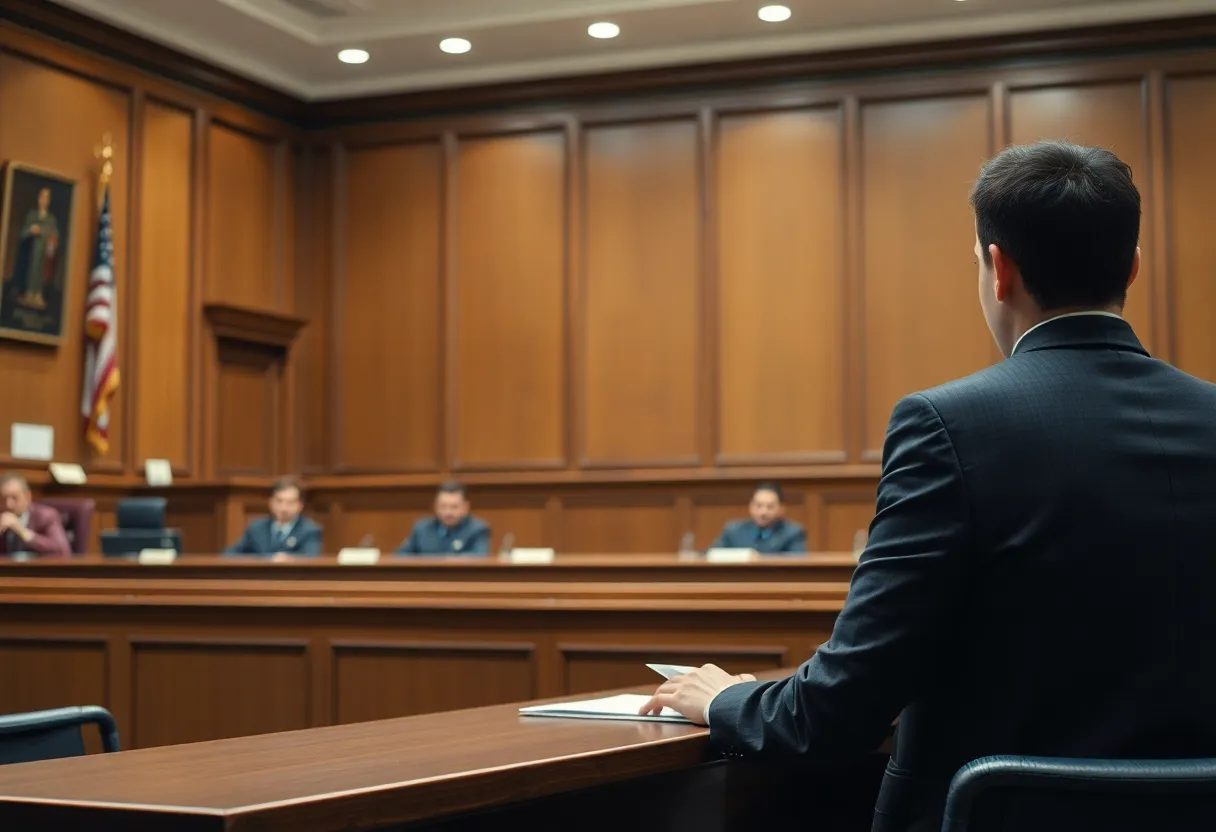 A courtroom during a sentencing for a child sexual abuse case