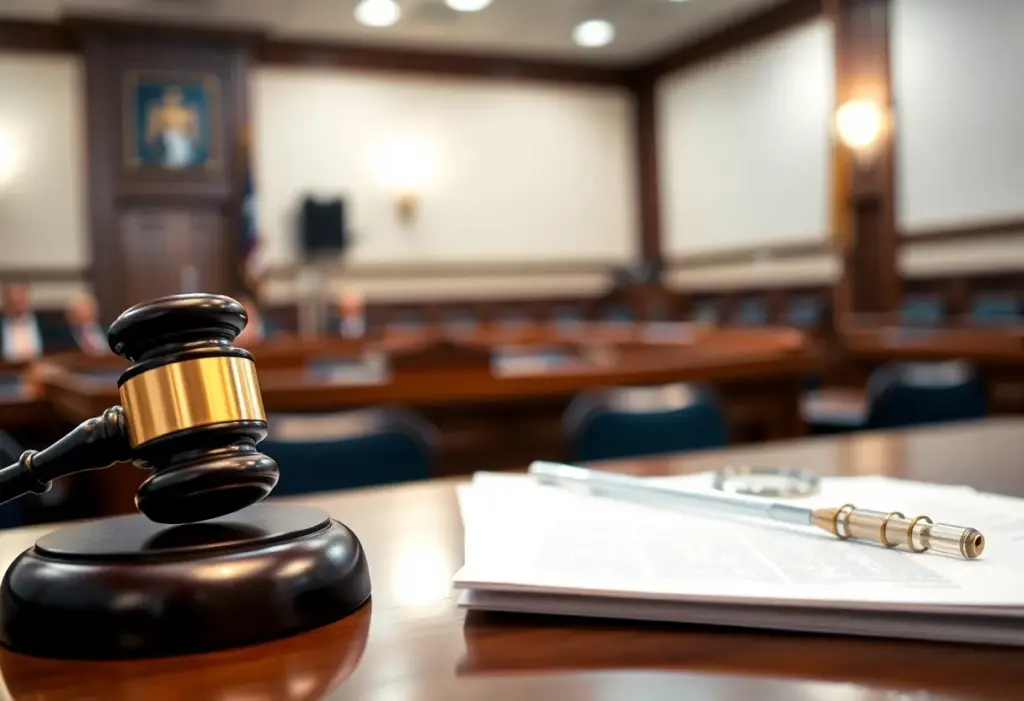 Courtroom scene with legal documents and a judge's gavel