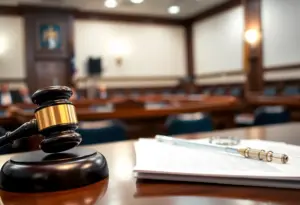 Courtroom scene with legal documents and a judge's gavel