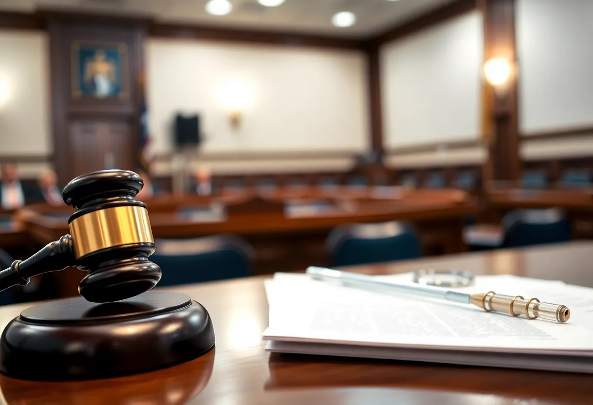 Courtroom scene with legal documents and a judge's gavel