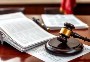 A courtroom with legal documents and a gavel symbolizing a legal ruling.