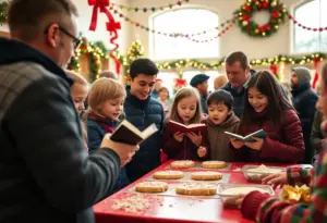 Families engaging in holiday celebrations with caroling and cookie decorating
