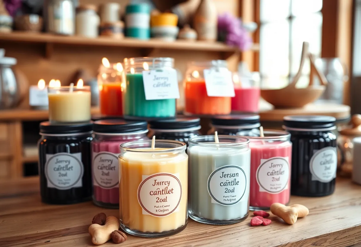 Homemade dessert-scented candles in various colors and shapes