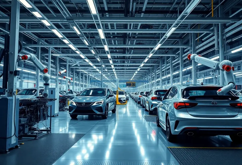 Futuristic automotive factory with advanced technology integration