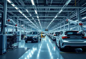 Futuristic automotive factory with advanced technology integration