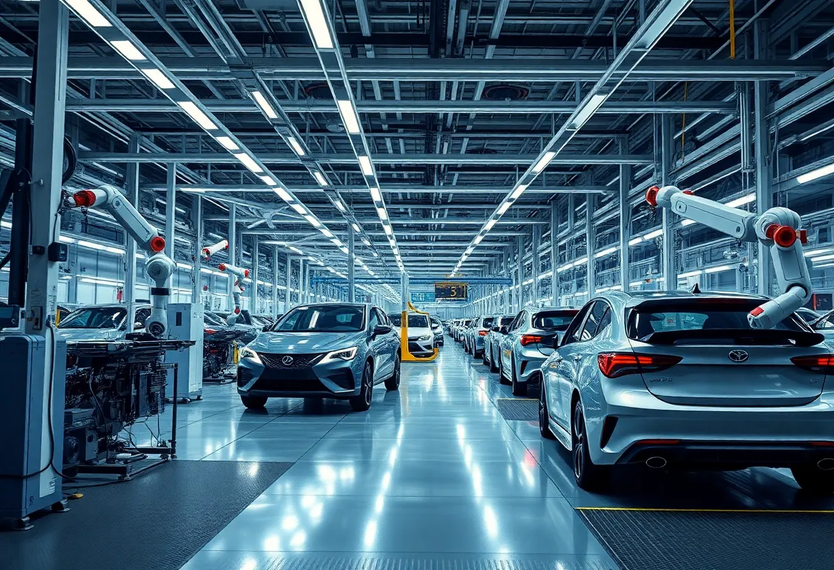 Futuristic automotive factory with advanced technology integration