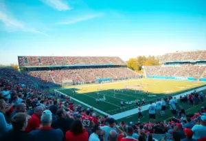 A dramatic football game between the Florida Gators and Florida State Seminoles with fans cheering.