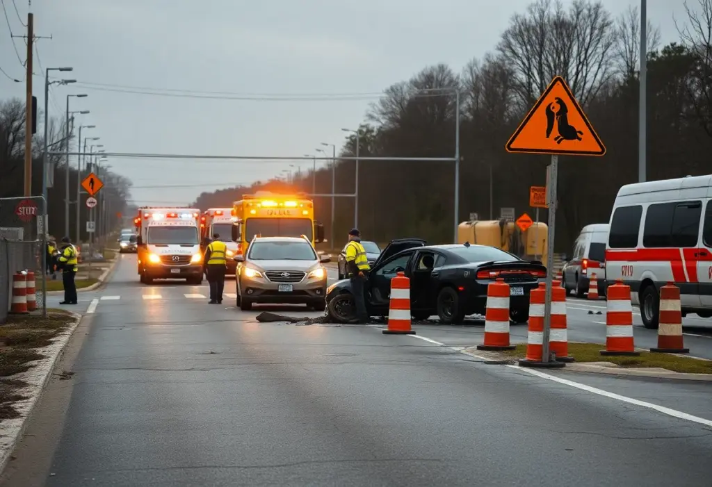 Emergency responders at a traffic accident site in Georgetown