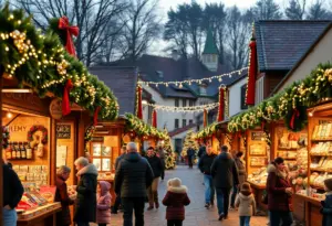 A festive holiday market with decorations and families enjoying the festivities.