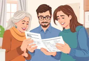 Homeowners examining their utility bills with a concerned expression