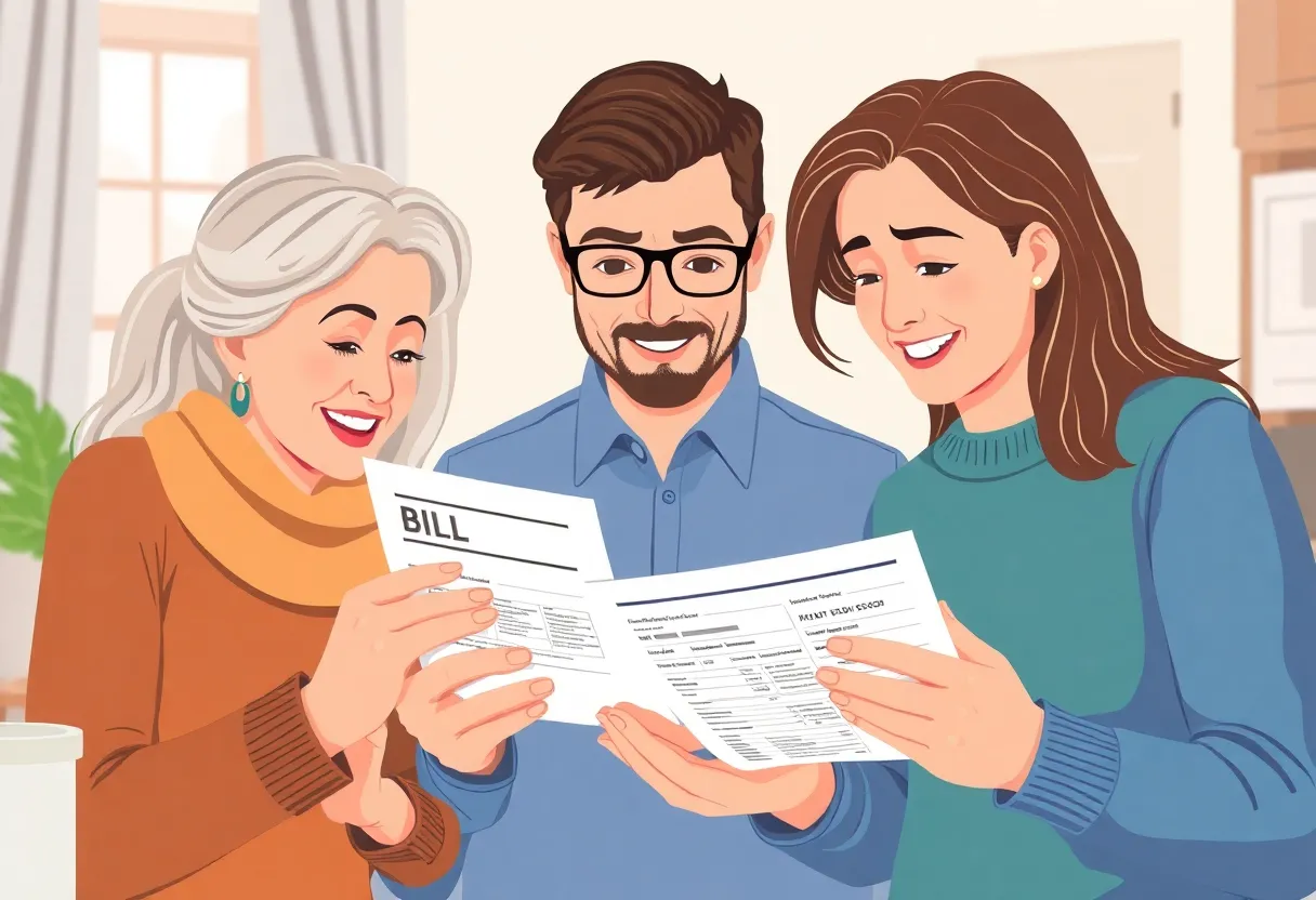 Homeowners examining their utility bills with a concerned expression
