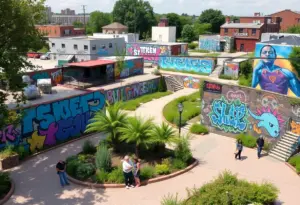 A view of the HOPE Outdoor Gallery showcasing colorful murals and outdoor gathering spaces.