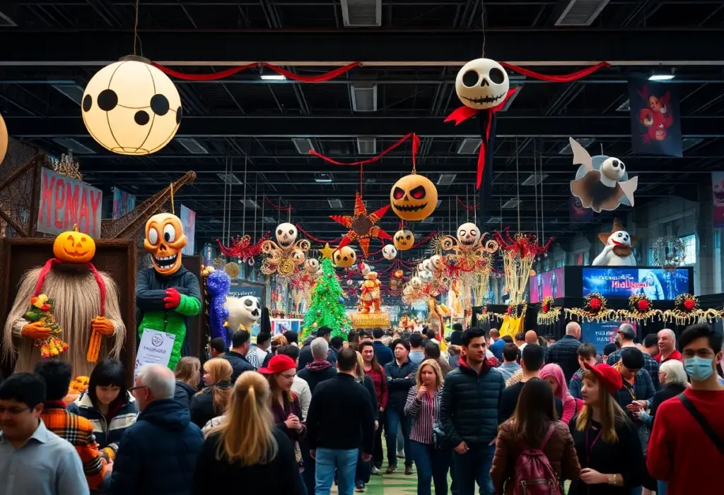 A lively scene from the Horror For The Holidays Expo featuring festive horror decorations and attendees enjoying the event.