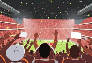 Fans celebrating a football commitment announcement in a stadium