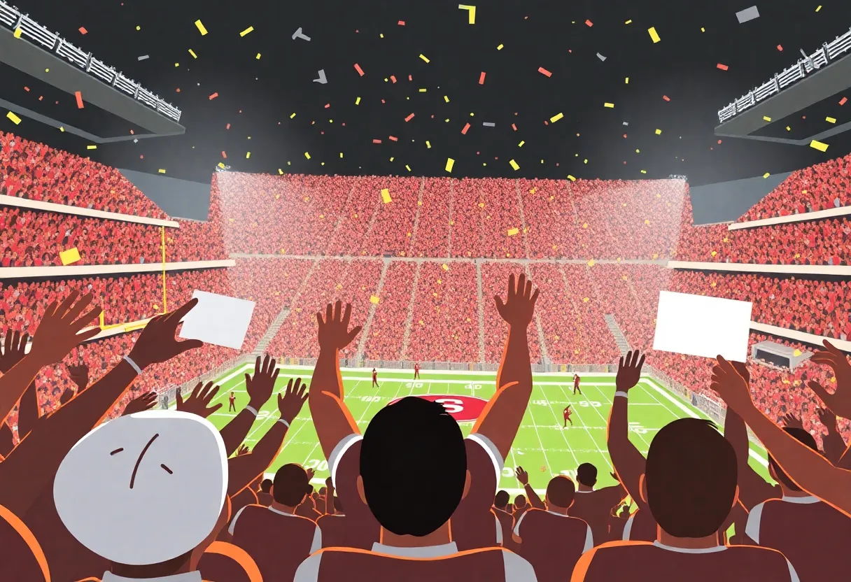 Fans celebrating a football commitment announcement in a stadium