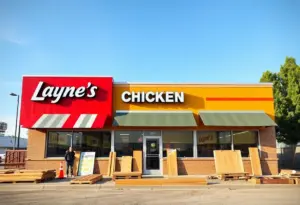 Exterior view of Layne's Chicken Fingers restaurant under construction