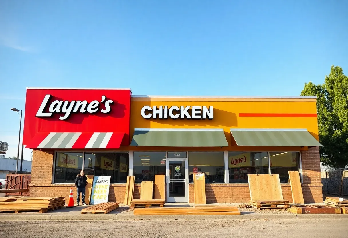 Exterior view of Layne's Chicken Fingers restaurant under construction