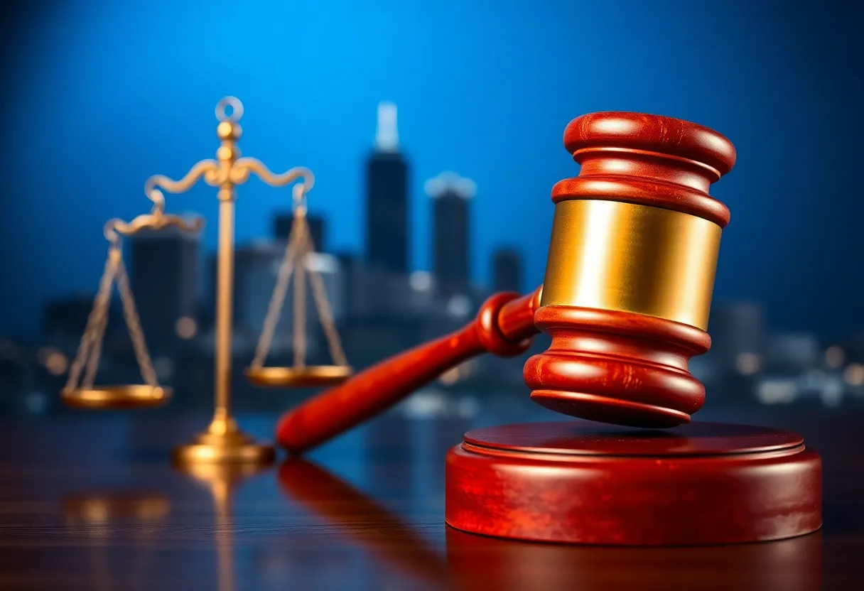 Abstract representation of legal justice with gavel and city skyline