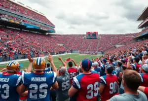 Texas A&M football fans cheering at the Lone Star Showdown in Austin