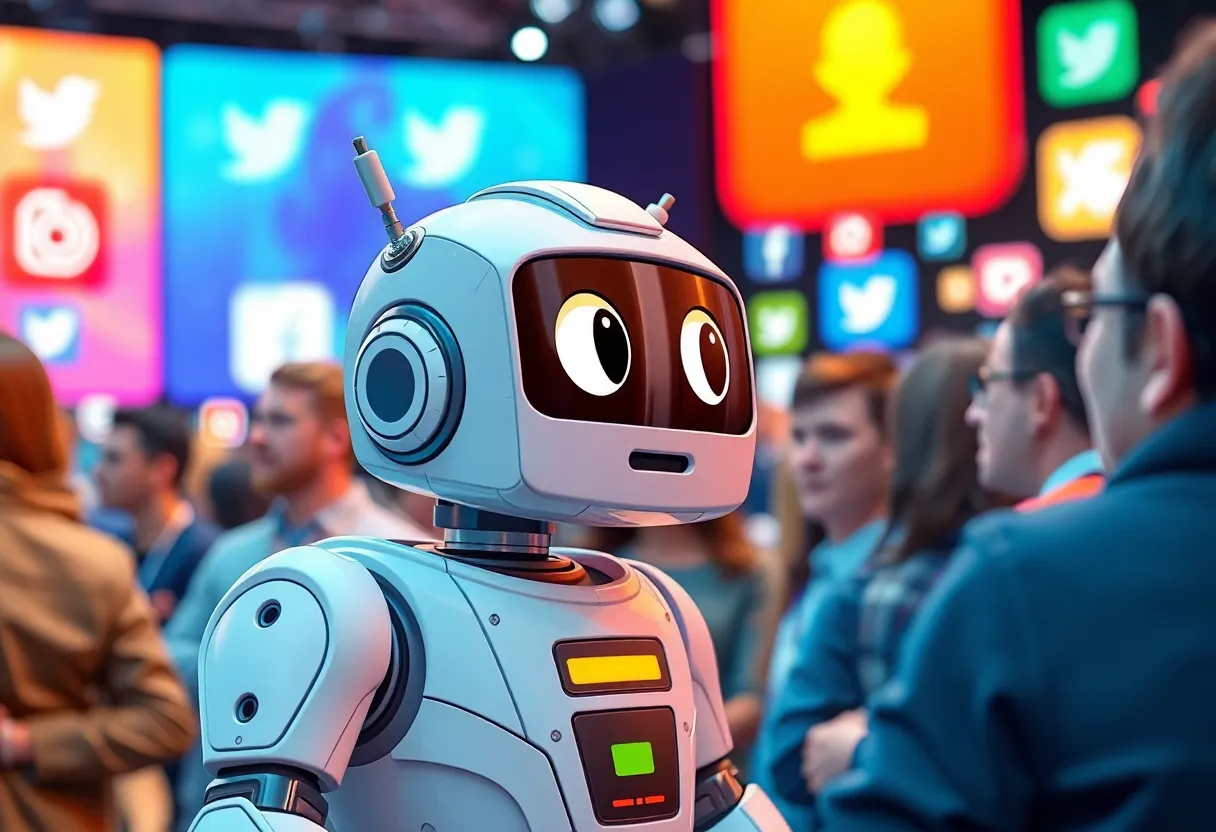 Illustration of an AI robot interacting with an audience at a live-streaming event.