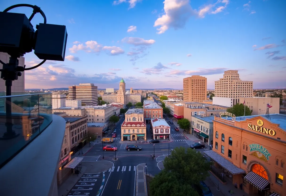A scenic view of San Antonio highlighting film industry elements