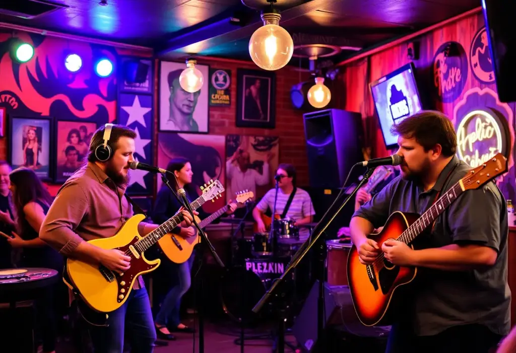A representation of Austin's live music culture featuring musicians on stage.