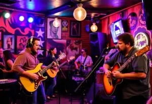 A representation of Austin's live music culture featuring musicians on stage.