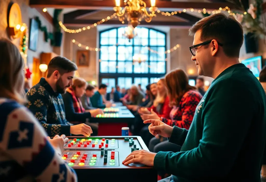 People enjoying the 'Sweater Weather Social' event with games and sweaters in a festive setting.