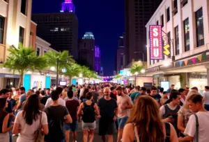 A bustling downtown Austin scene during SXSW festival featuring diverse attendees and creative installations.