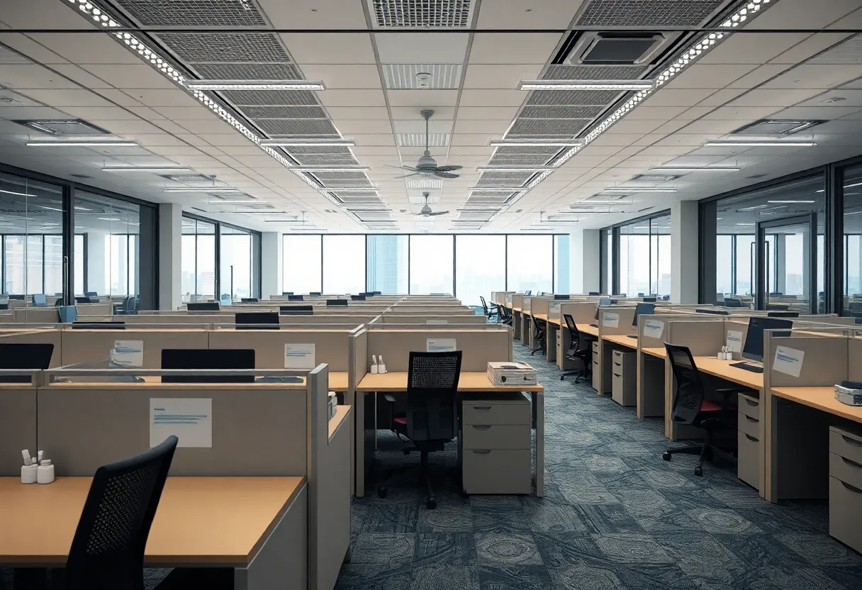 Empty tech office space symbolizing workforce reductions due to AI