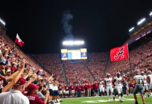 A college football game between Texas A&M and Alabama, showcasing players in action and an enthusiastic crowd.