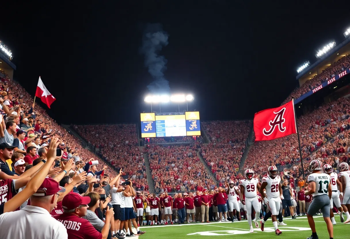 A college football game between Texas A&M and Alabama, showcasing players in action and an enthusiastic crowd.