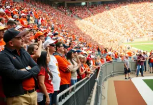Fans cheering for Texas Longhorns and Texas A&M Aggies at a football game