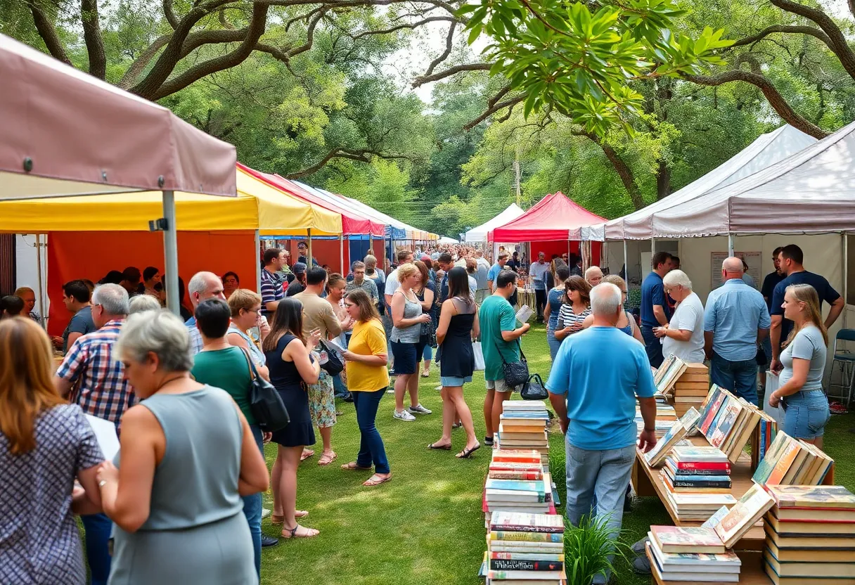 A lively outdoor scene of the Texas Book Festival in Austin with attendees exploring books and engaging in discussions.
