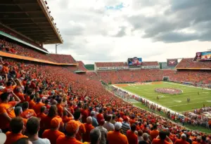 Fans cheering during the Lone Star Showdown between Texas Longhorns and Texas A&M Aggies.