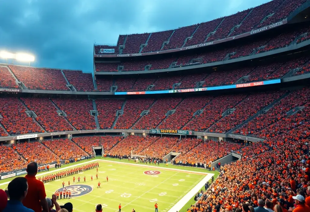 Fans cheering in a college football stadium during the Texas Longhorns and Texas A&M game.
