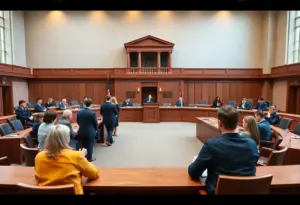 Texas state legislature building with people discussing new laws and regulations.