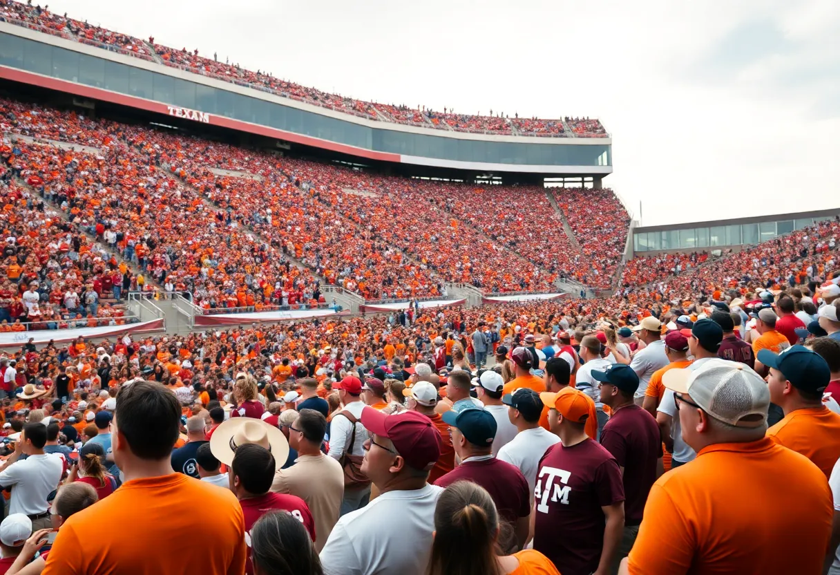 Texas Longhorns and Texas A&M Aggies fans at a football game