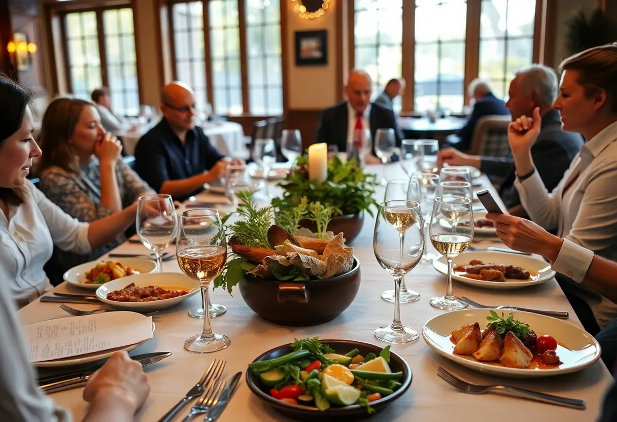 Guests enjoying the Texas Waterways Dinner at Brenner's Steakhouse with local dishes and bourbon pairings.