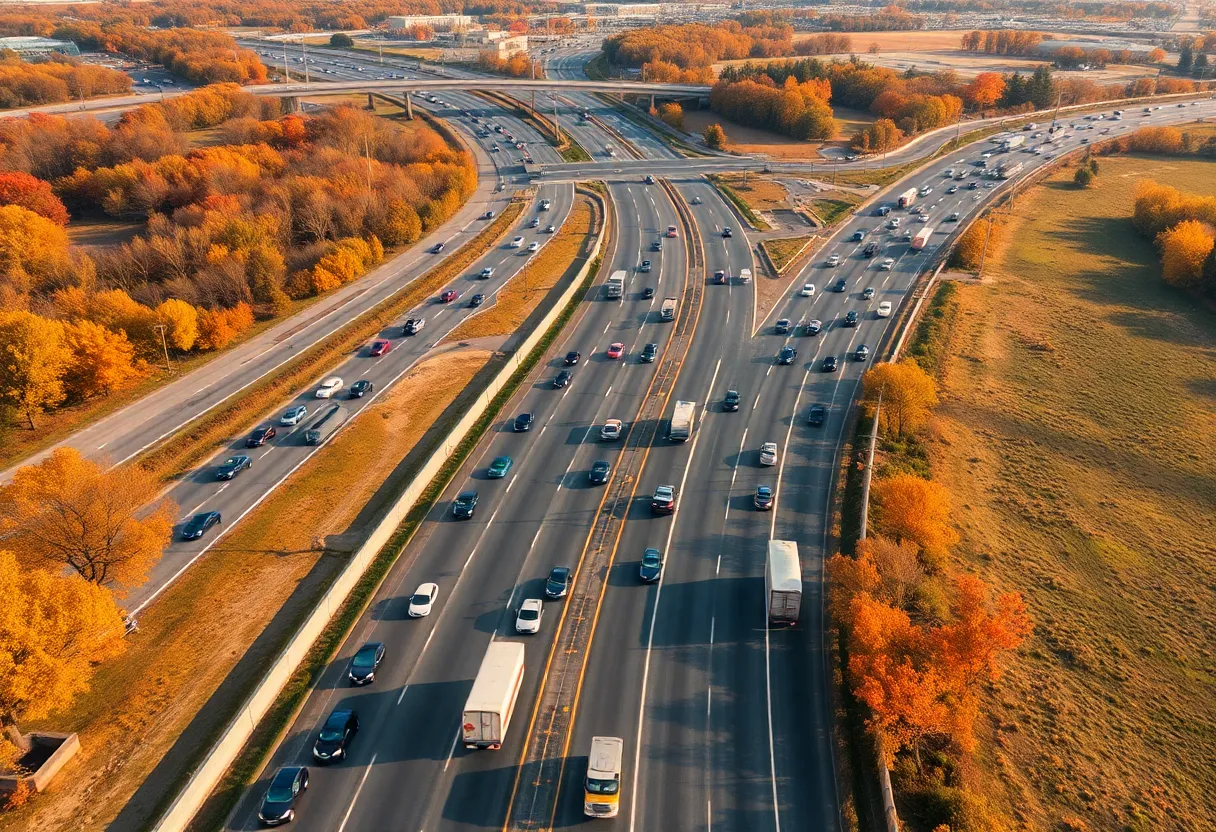 Aerial view of busy highways in Texas during Thanksgiving travel season