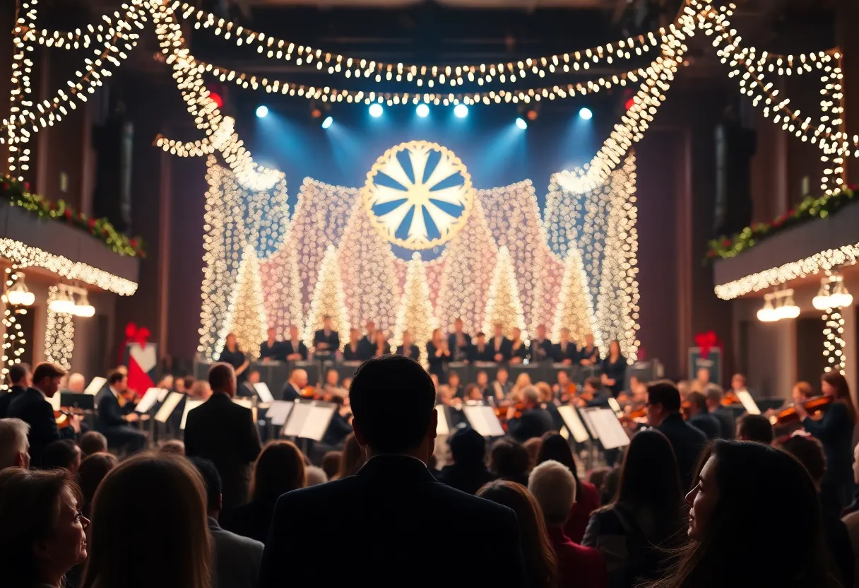 A crowd enjoying the Trans-Siberian Orchestra concert with festive decorations around the venue.