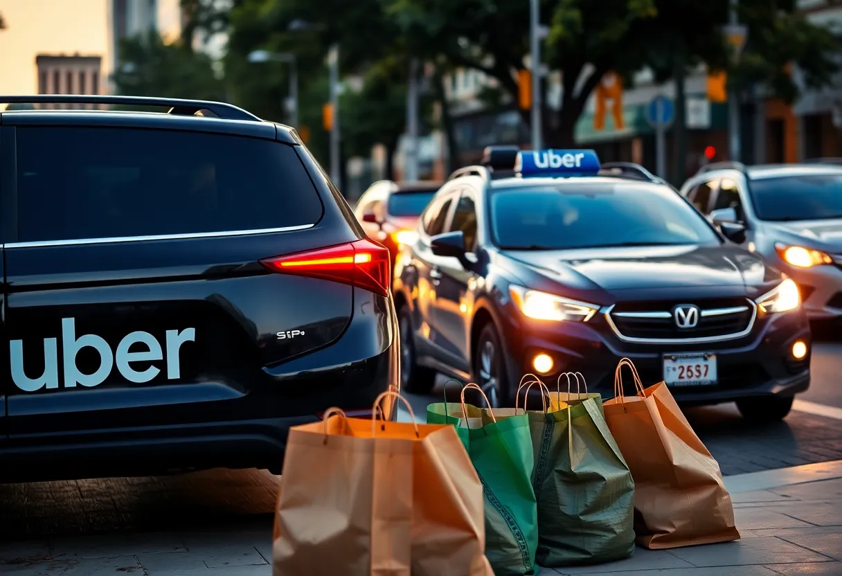 Scene of Austin with Uber car and grocery bags on street