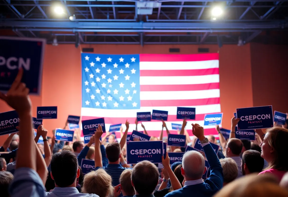 Crowd at Vince Offer's campaign rally with signs and flags