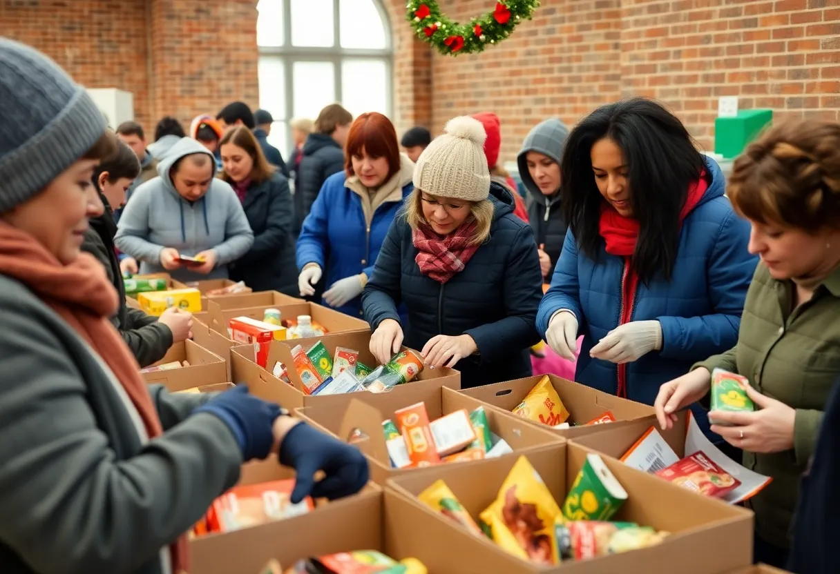 Volunteers preparing food boxes for families during the holiday season