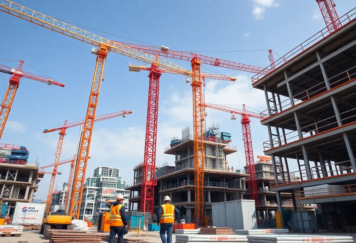 A modern construction site illustrating technological advancements and labor activity.